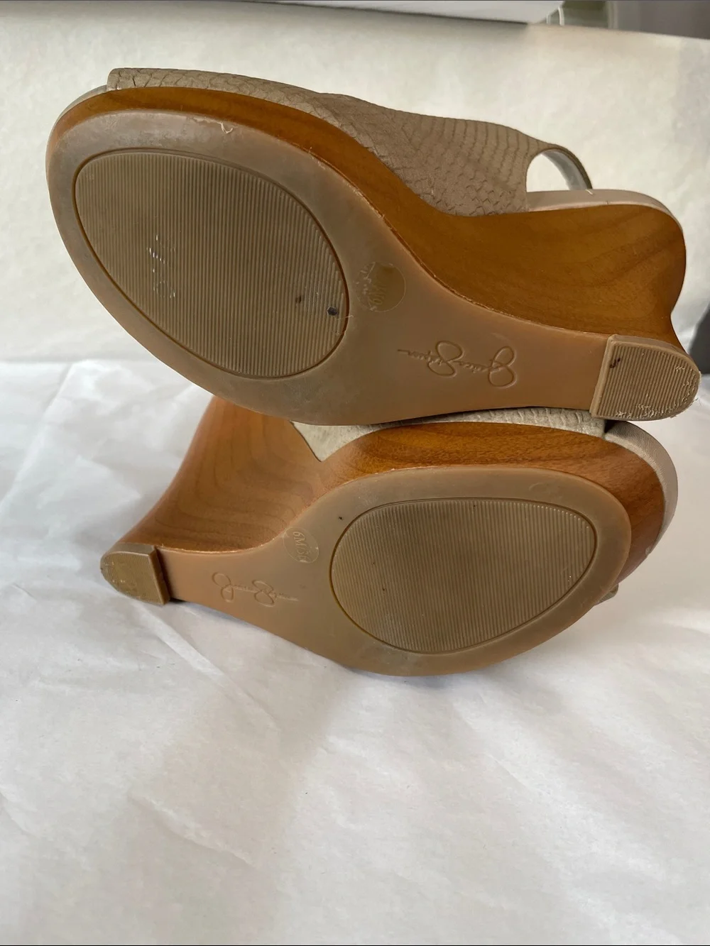 Jessica Simpson‎ Taupe Textured Peep-Toe Slingback Wedges